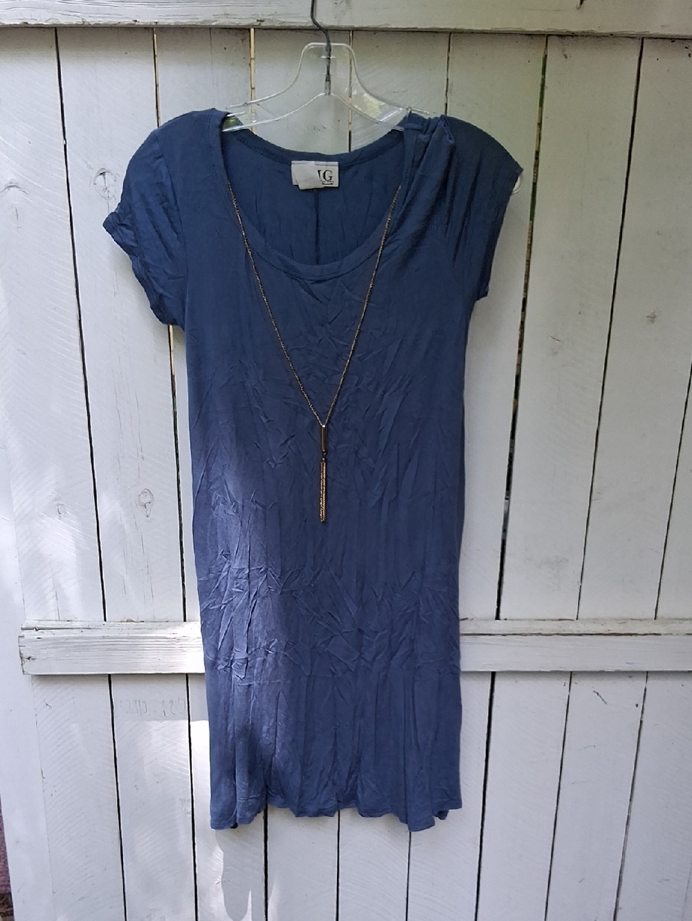 Lightweight Blue Short-Sleeve Scoop Neck Tunic Dress